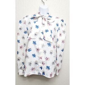 Vintage Cos Cob White Blue Pink Floral Print Neck Tie Button Up Top 14 Soft